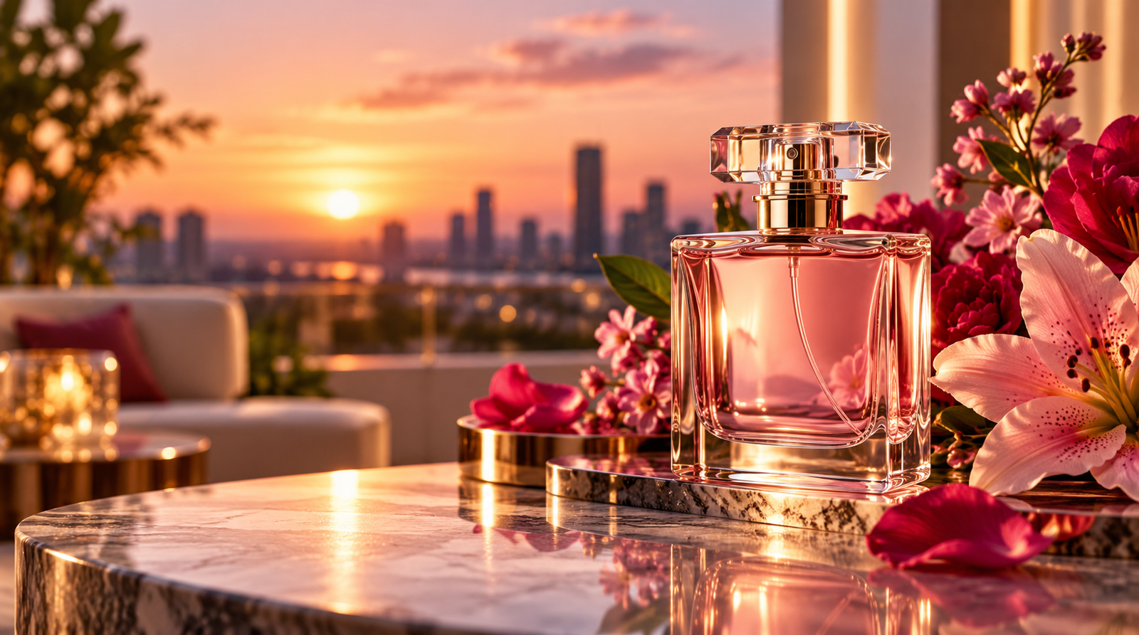 Frasco de perfume elegante com flores em cenário sofisticado