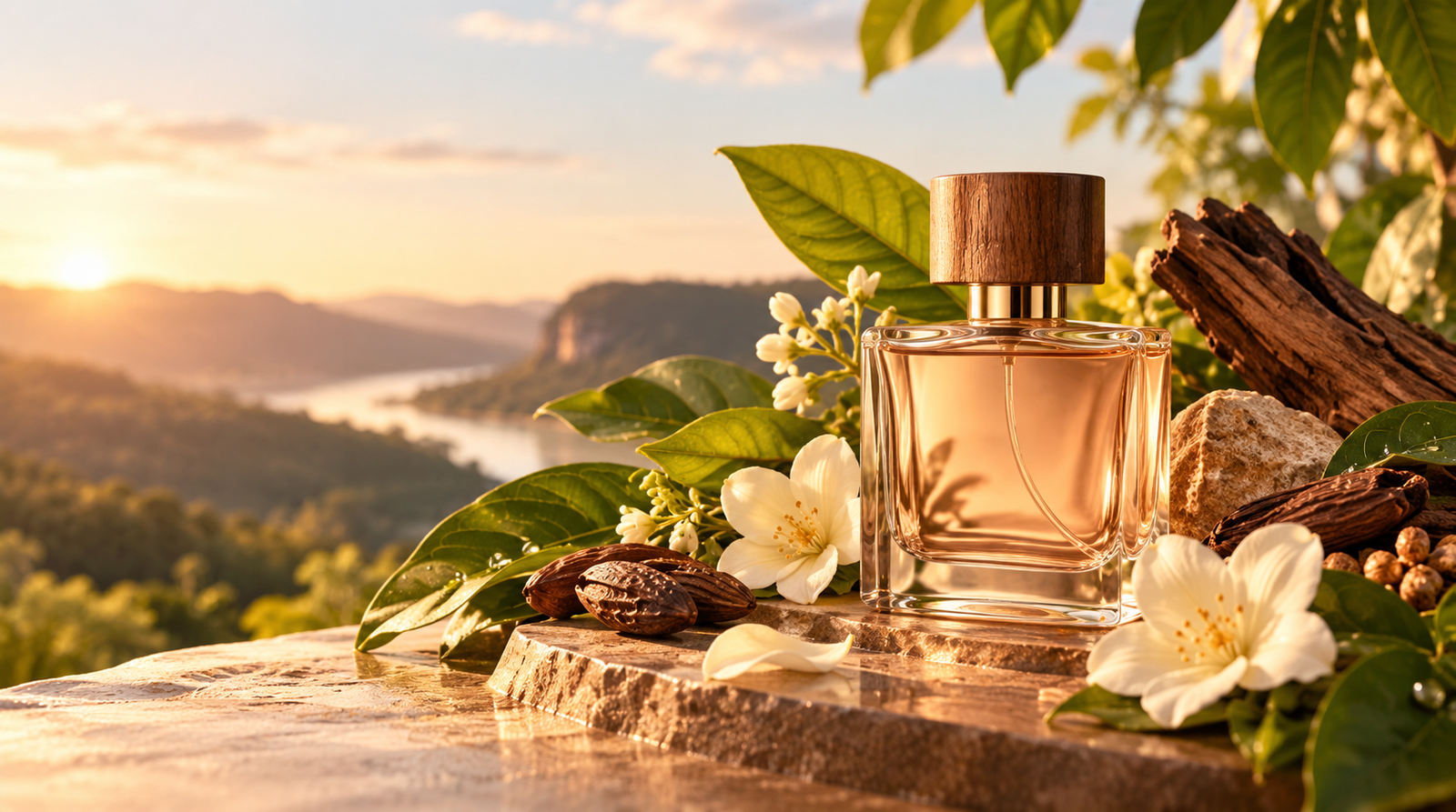 Frasco de perfume em cenário natural com flores e elementos botânicos